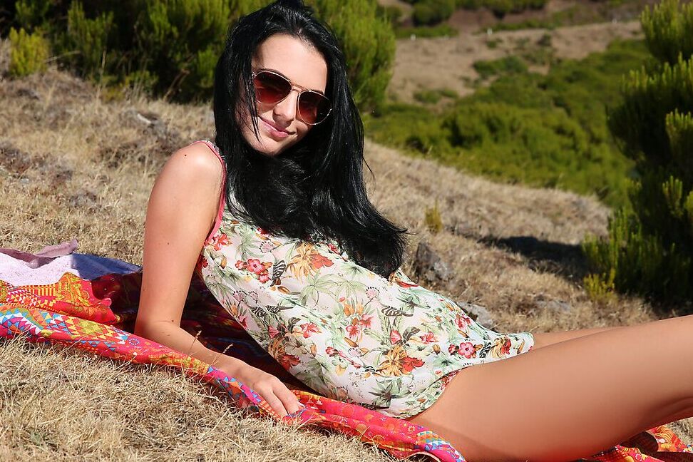 16P Dark haired teen Sapphira frees her tight ass and twat from thong panties