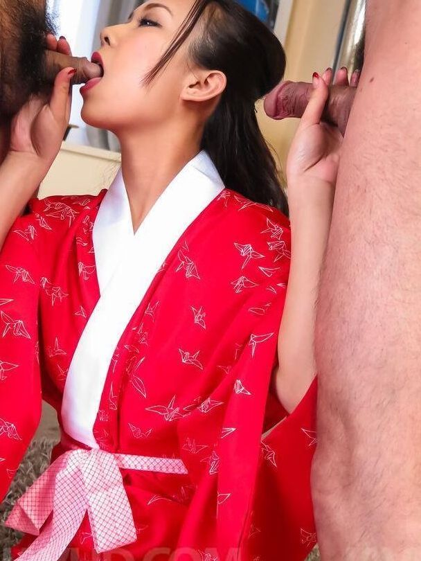 12P Saki Fujii Asian in kimono gets cum from sucking and riding cocks