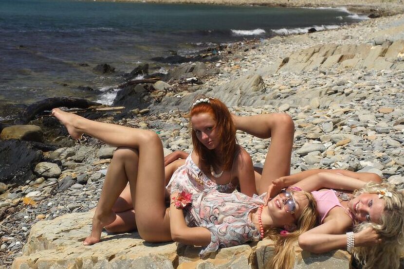 12P 3 teens in summer dresses let their tits and twats loose before getting wet