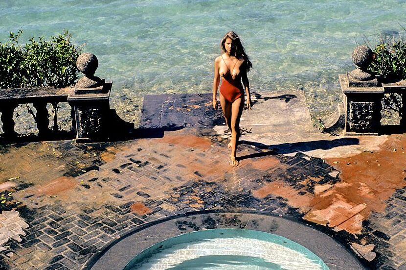11P Vintage página central Terri Welles dejando al descubierto sus grandes tetas y su coño peludo al aire libre