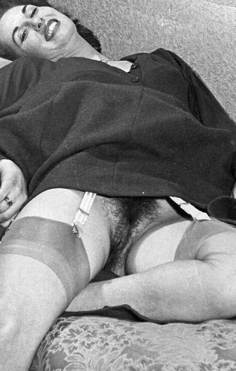 12P Hot vintage models in stockings showing their hairy beavers in black and white