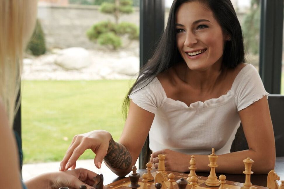 16P Bisexual girls play chess prior to a threesome in the middle of the day