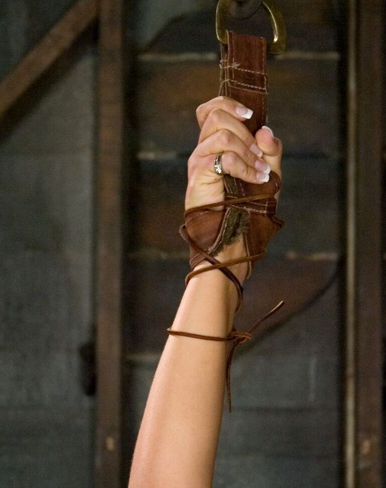 21P Blonde Carmen McCarthy gives a handjob while tied up with nylons on her head