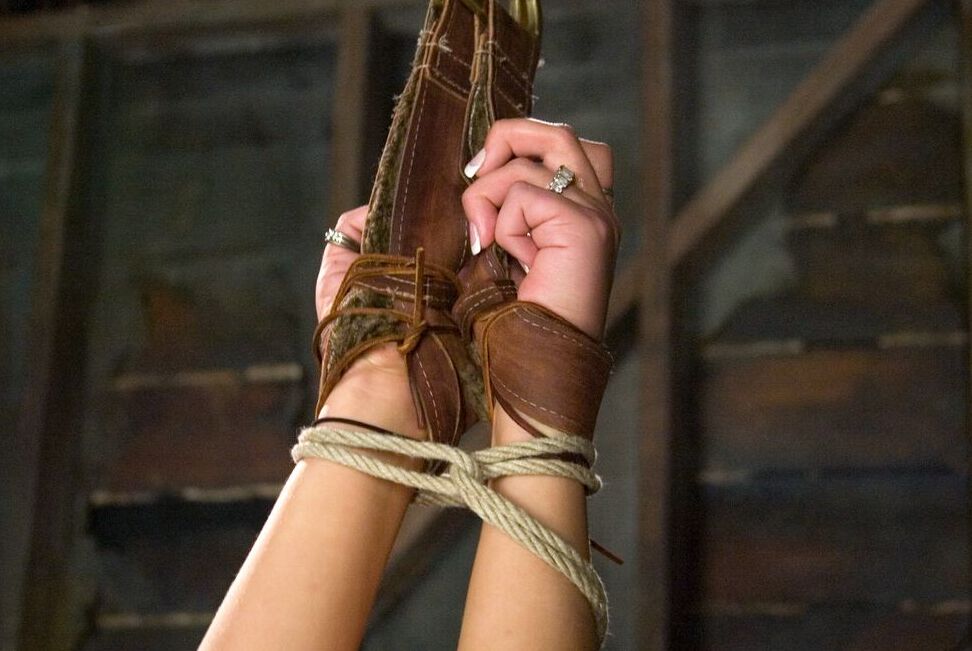 21P Blonde Carmen McCarthy gives a handjob while tied up with nylons on her head