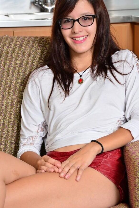 18P Tiny glasses clad Latina Sofi Algodon shes her threads to flaunt natural tits
