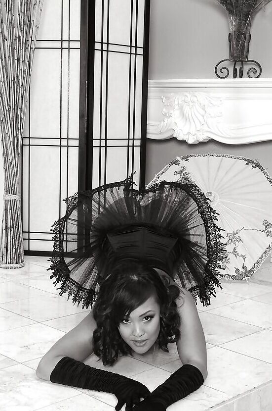 16P Asian first timer Jandi posing topless in over the knee black stockings
