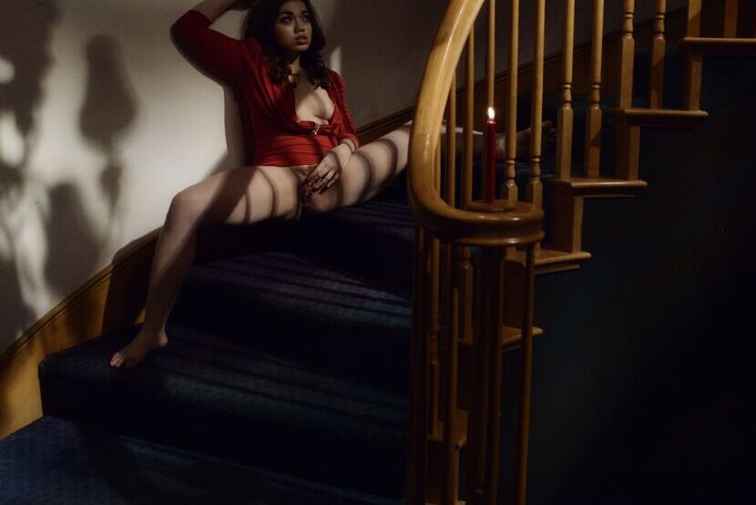 16P Asian model Angelina Mylee gets butt naked on a staircase in the dark