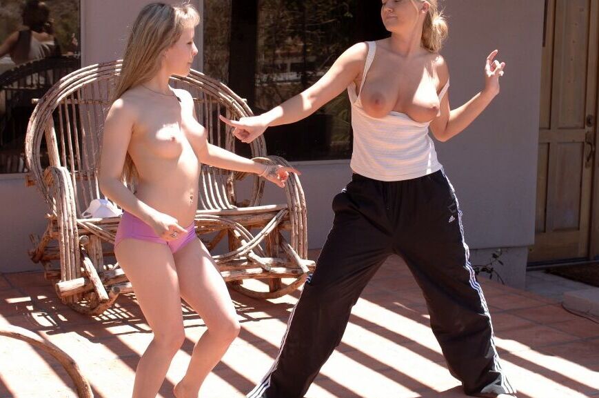 15P Tiny blonde is picked up off the ground by a blonde girl after a karate fight