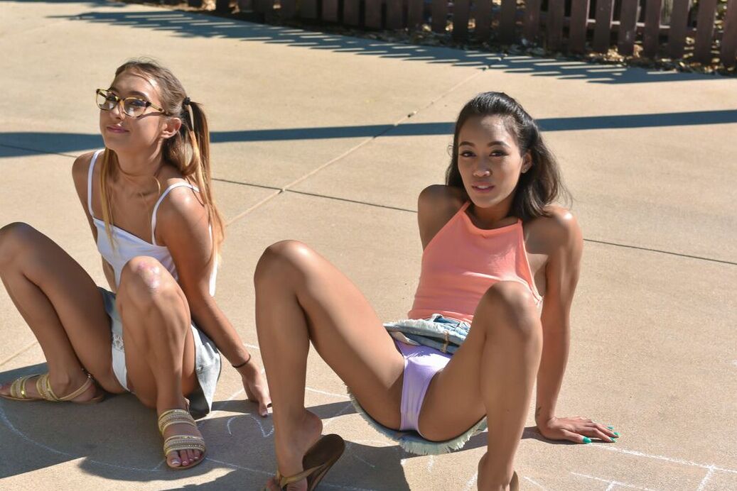 19P Cute young teens flashing panties on sidewalk picked up for 2 girl bj
