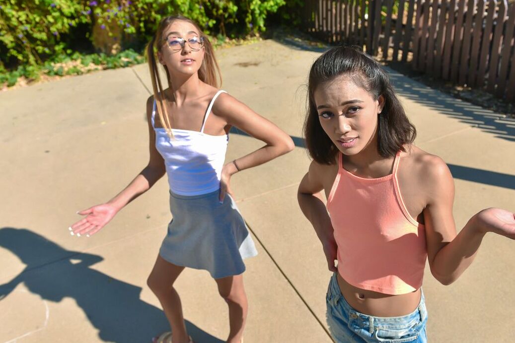 19P Cute young teens flashing panties on sidewalk picked up for 2 girl bj