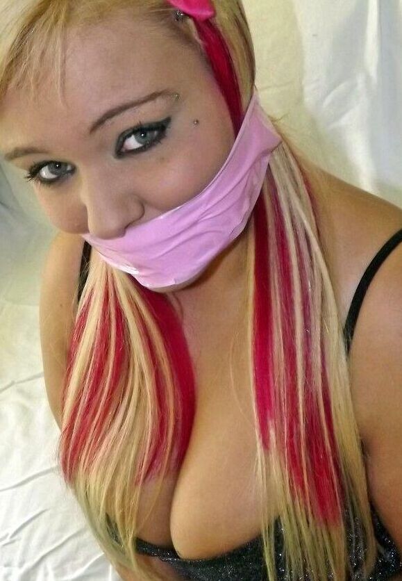 16P Blonde fatty is gagged with her wrists and ankles tied up