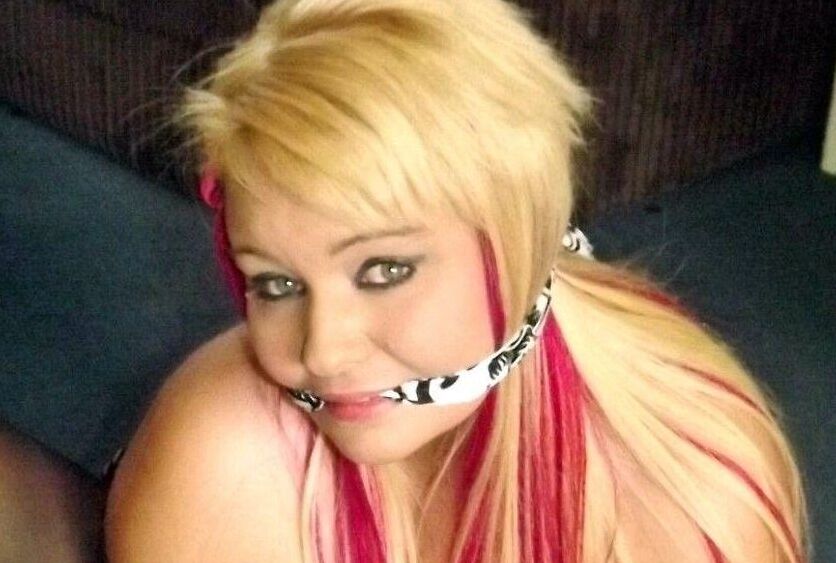 16P Blonde fatty is gagged with her wrists and ankles tied up