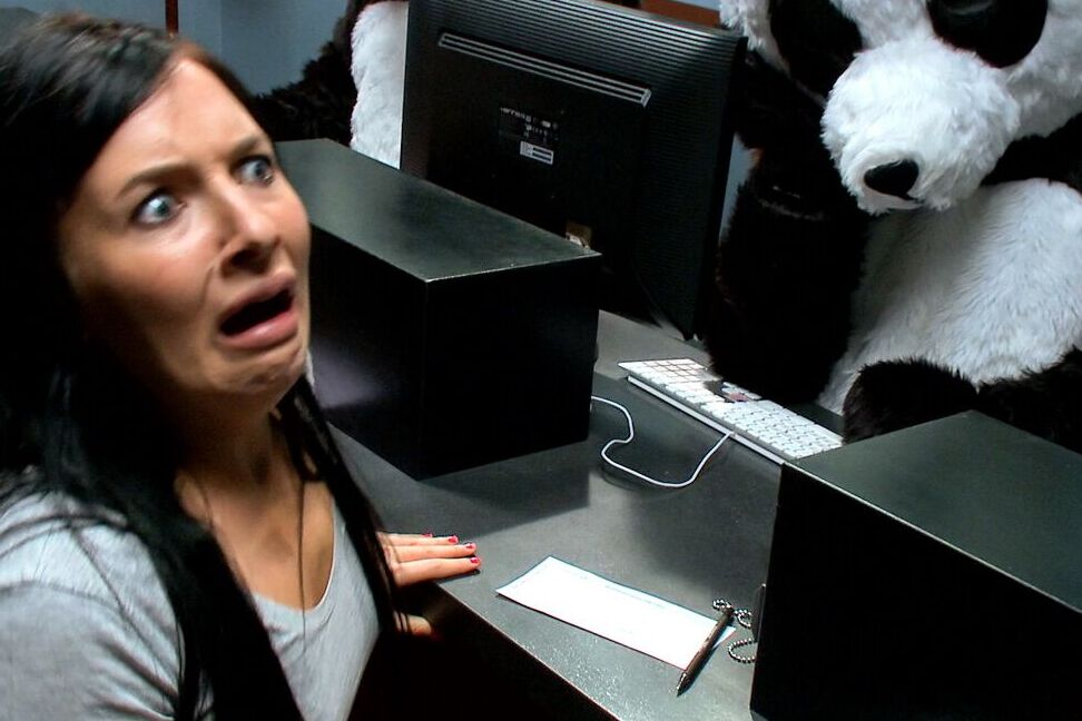17P Dark haired female Ashli Orion is stalked by Pandas wherever she goes