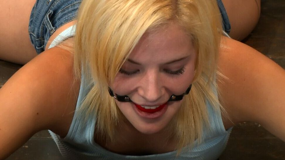 21P Blonde Ally Ann gets her pussy vibrated until its so wet for a BDSM fisting