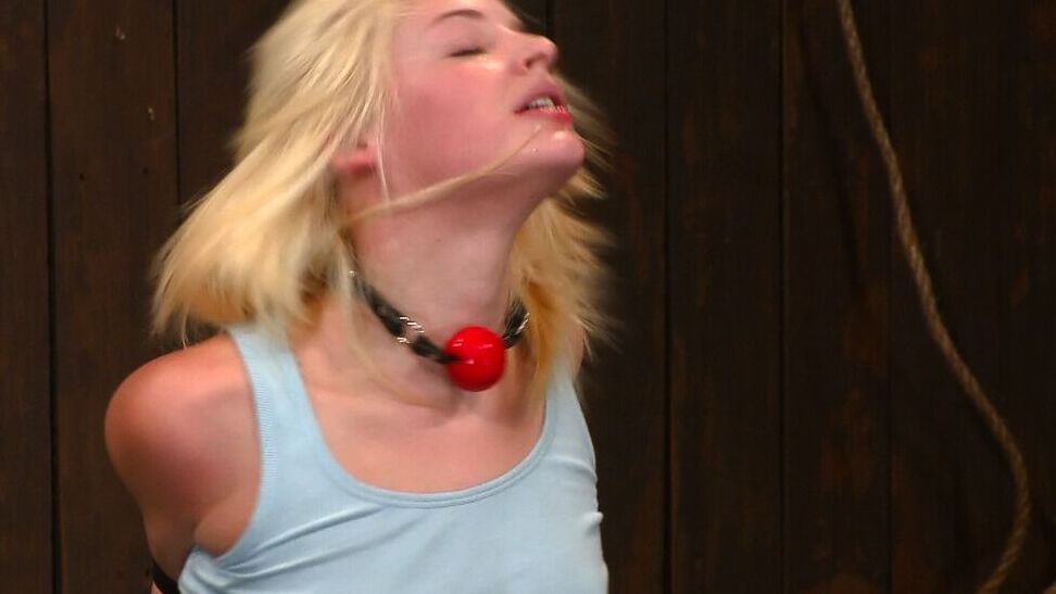 21P Blonde Ally Ann gets her pussy vibrated until its so wet for a BDSM fisting