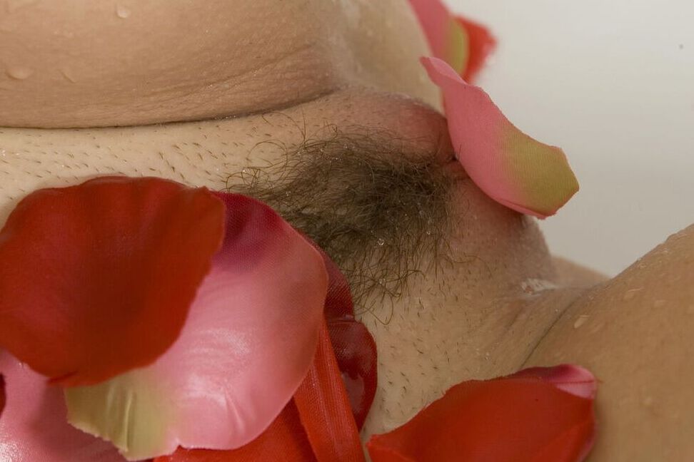 Angelita, mannequin glamour de 16P, pose nue, couverte de pétales de fleurs rouges