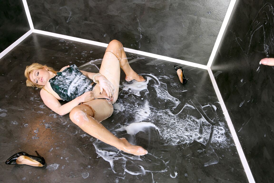 15P Strawberry blonde masturbates while getting covered in sperm at a gloryhole