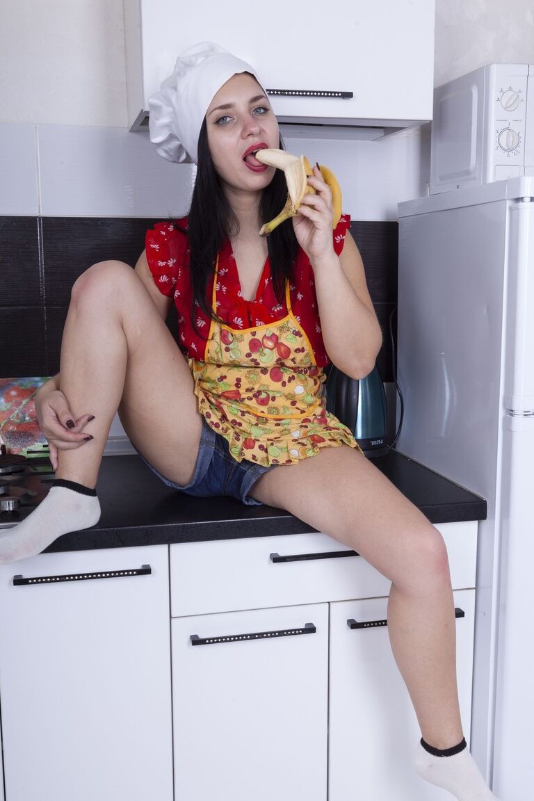 16P Sexy teen with natural tits Tanita flaunts her hairy pussy in the kitchen