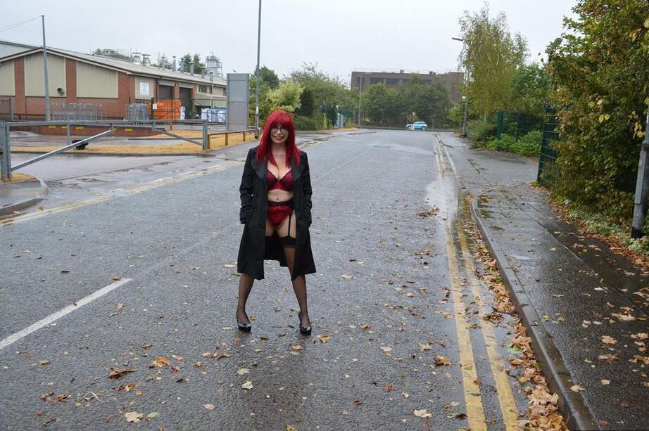 15P Mature redhead Barby Slut gets naked in public places on a wet day
