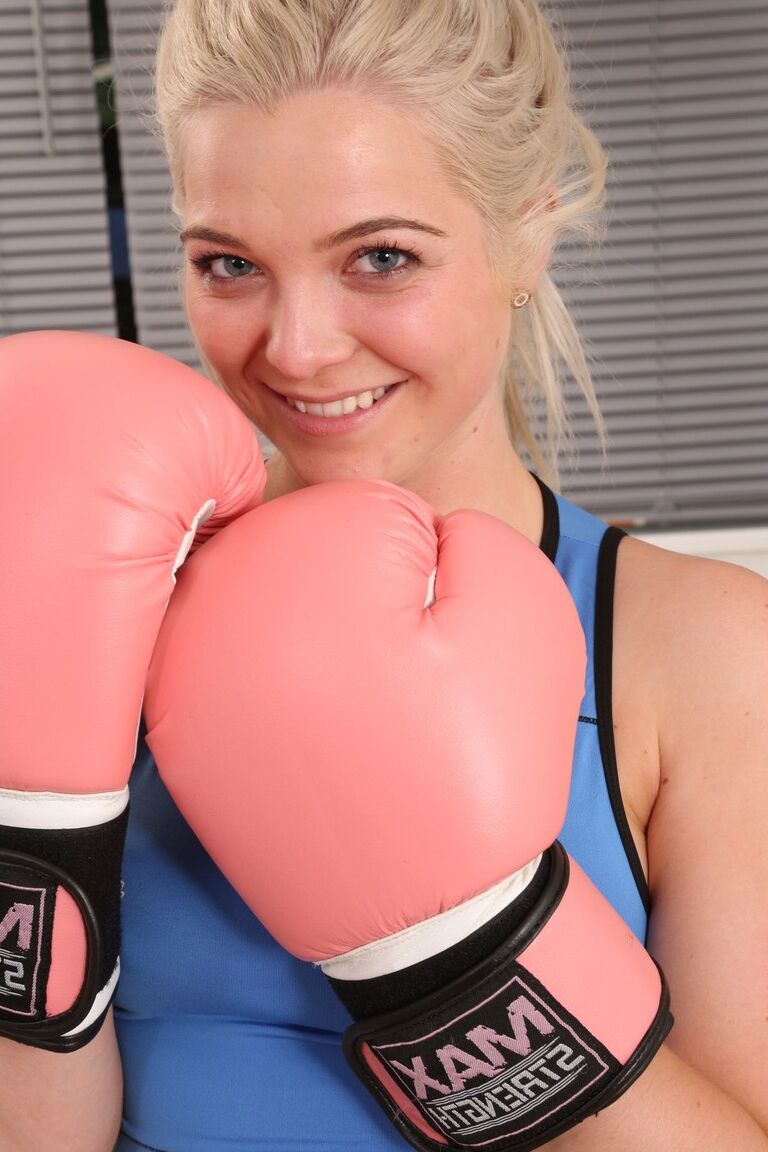 14P Blonde boxing champ Natalie C showing off her boobs in the locker room