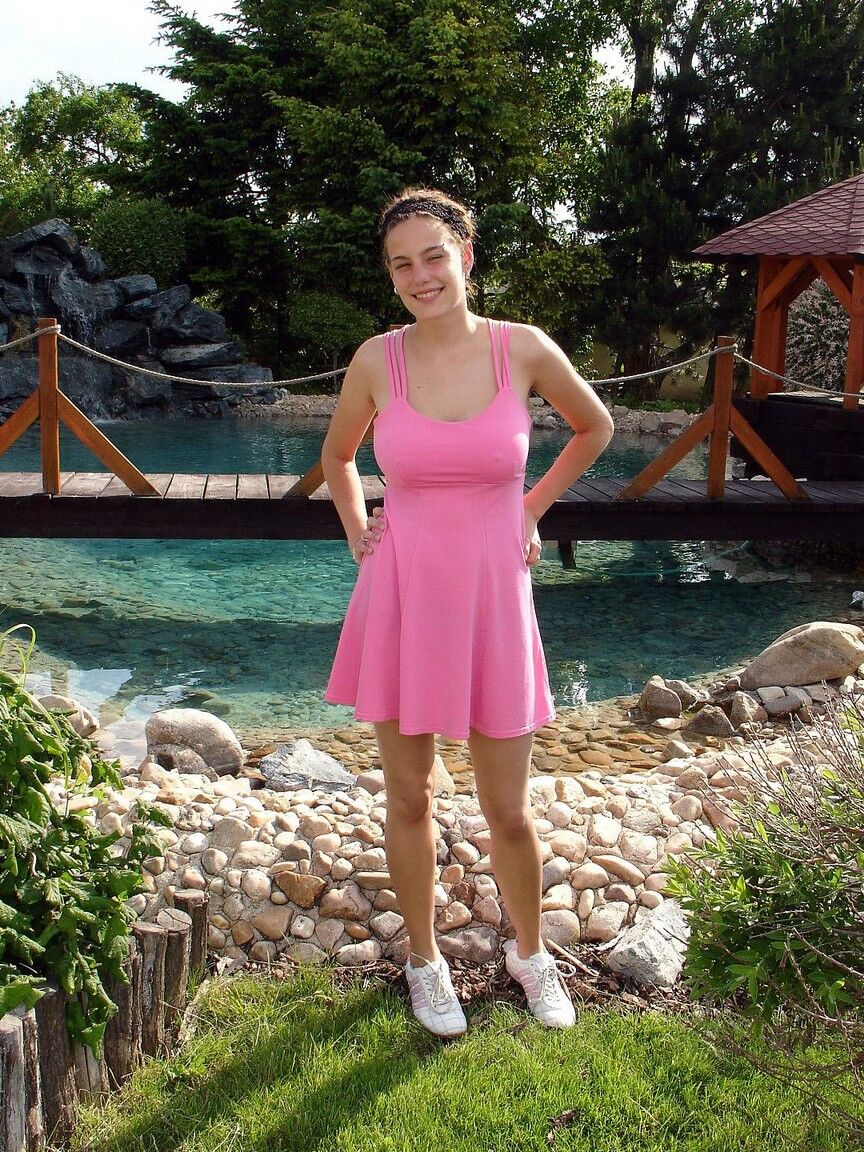 18P Amateur babe with saggy boobs Elena A shows her twat and masturbates on a dock