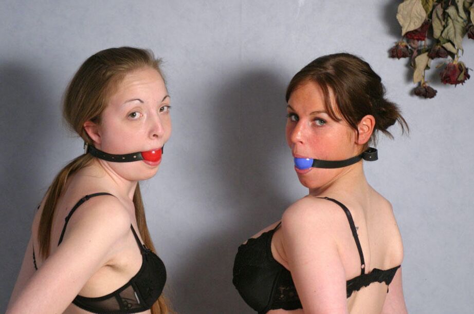 12P 2 females in black bra and thong ensembles get tied up after being ballgagged