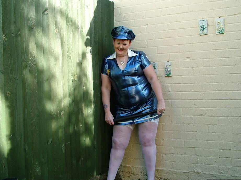 19P Mature plumper Valgasmic Exposed models latex police attire in white stockings