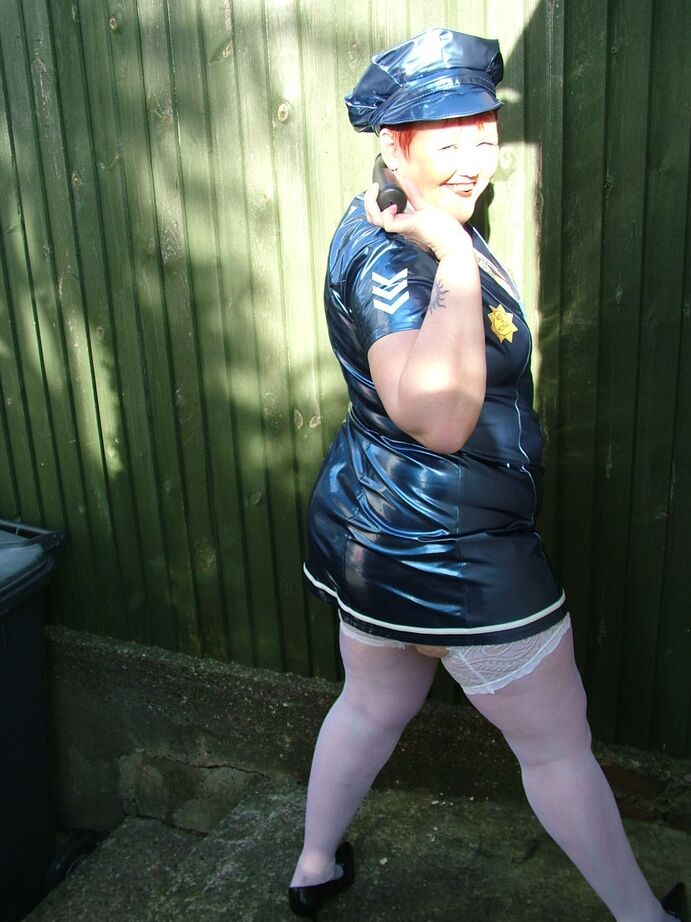 19P Mature plumper Valgasmic Exposed models latex police attire in white stockings