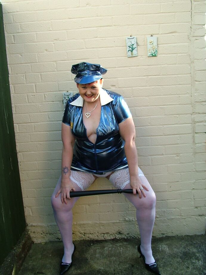 19P Mature plumper Valgasmic Exposed models latex police attire in white stockings