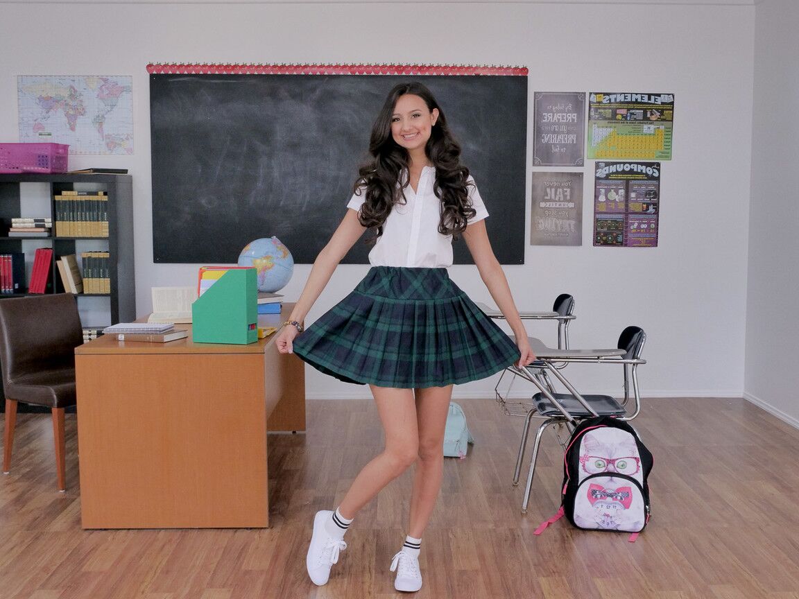 17P Latina schoolgirl Eliza Ibarra strips and spreads her legs in the classroom