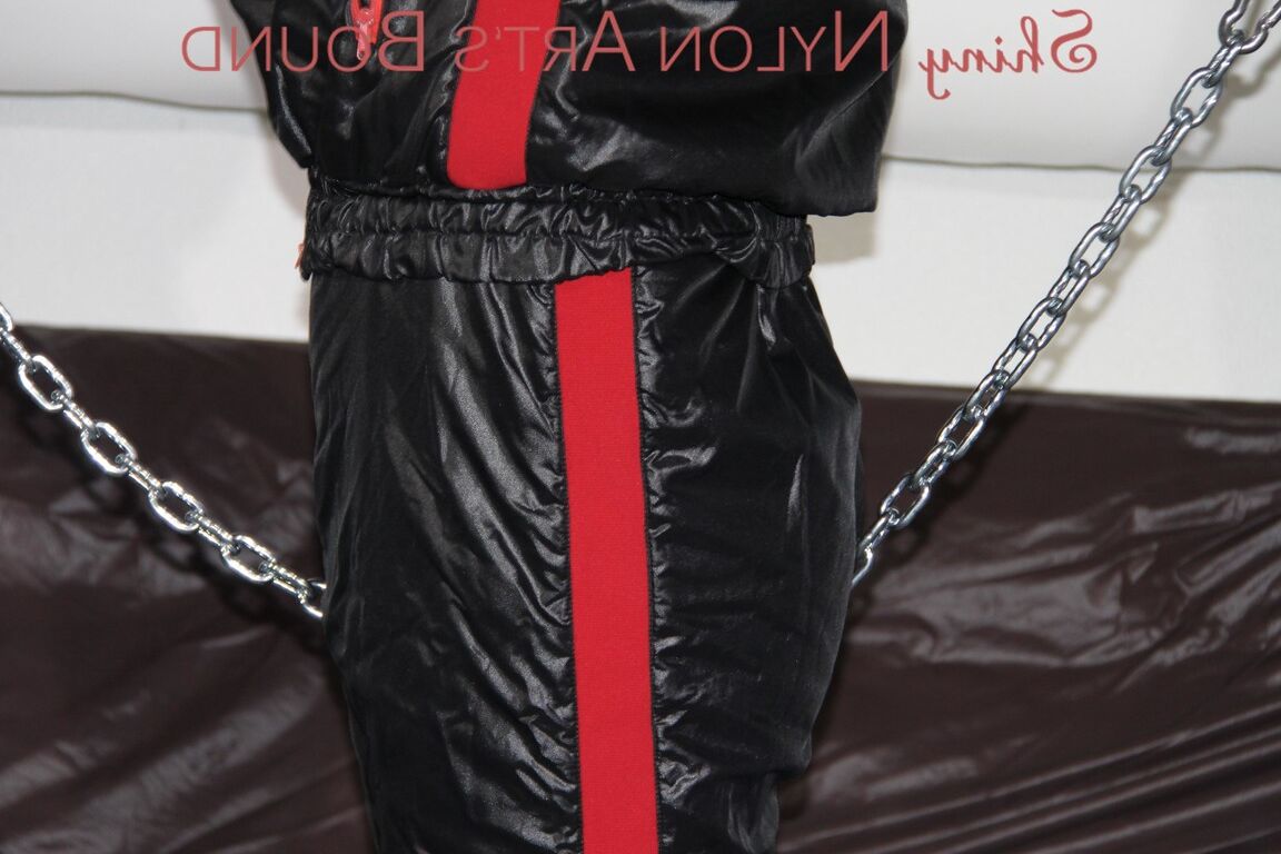 16P Sexy PIA tied and agged overhead with ropes and chains wearing a sexy shiny