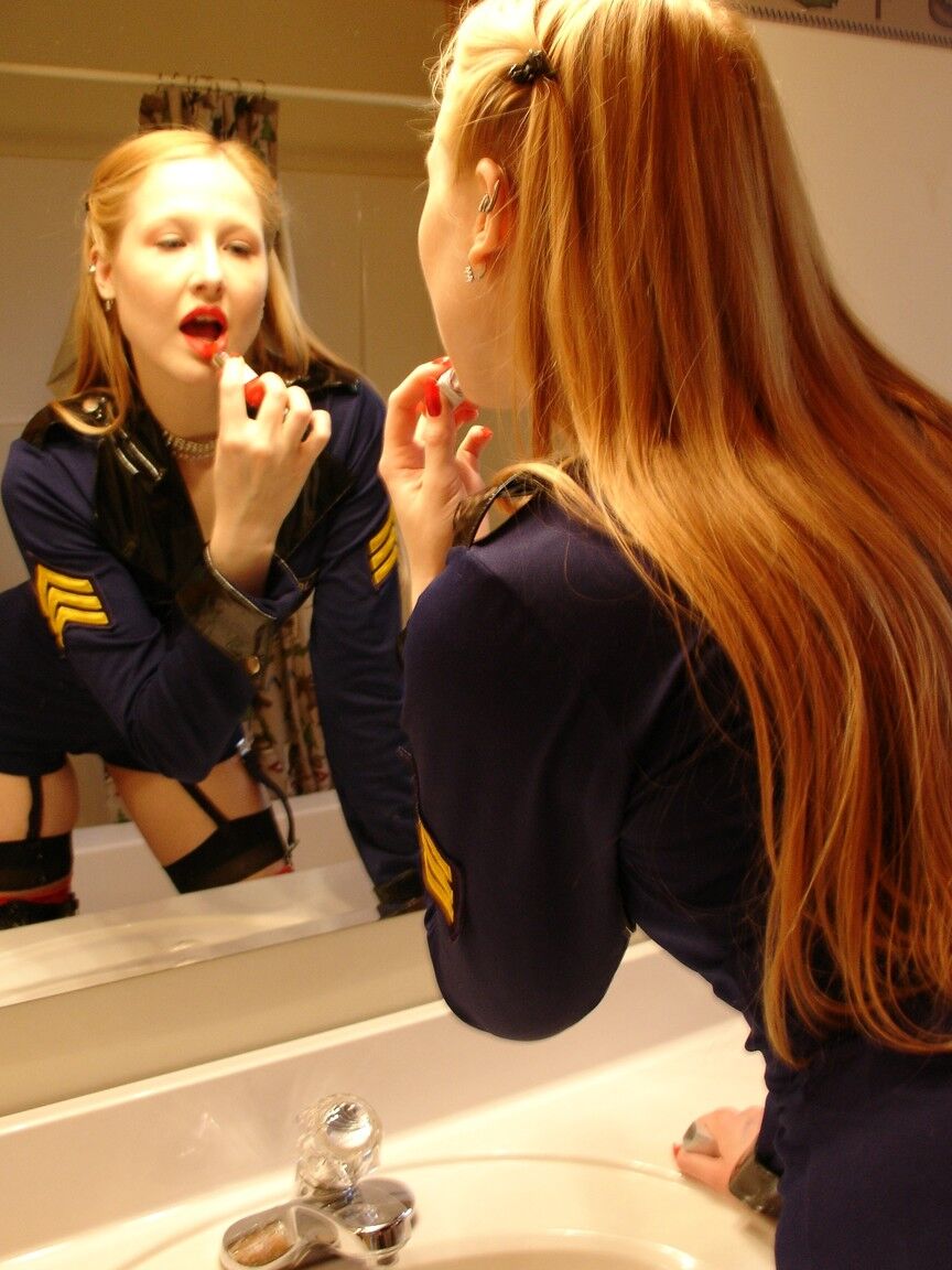21P Sexy femdom in her police uniform & boots Juliet disciplines an older sissy