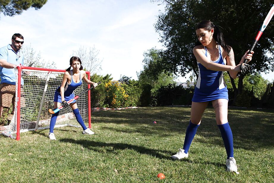 16P Sports babes in knee high socks pleasuring their coach on the field