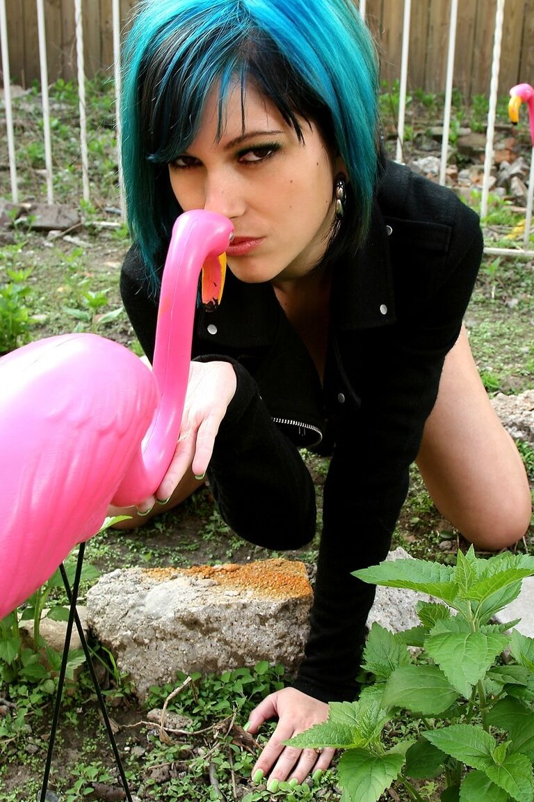 17P Beautiful petite party girl Azrael poses topless & fingers beaver in the yard