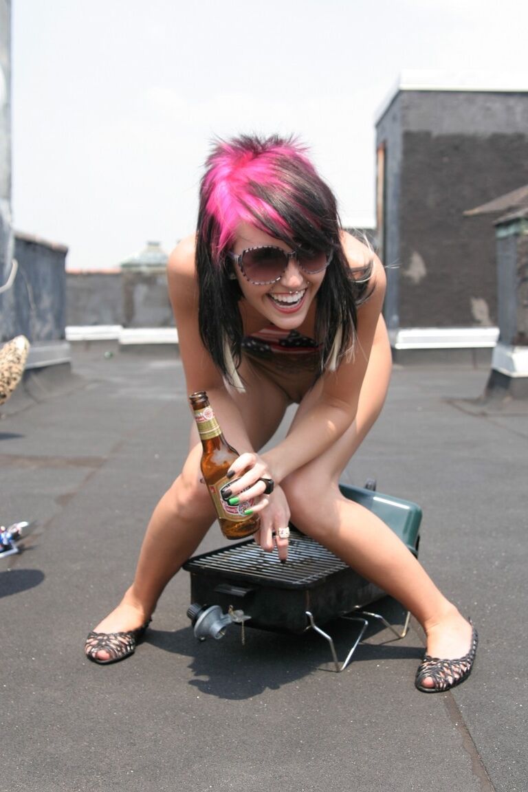 17P Patriotic Miss Audrey shows her pierced nipples & toys with bottle at picnic