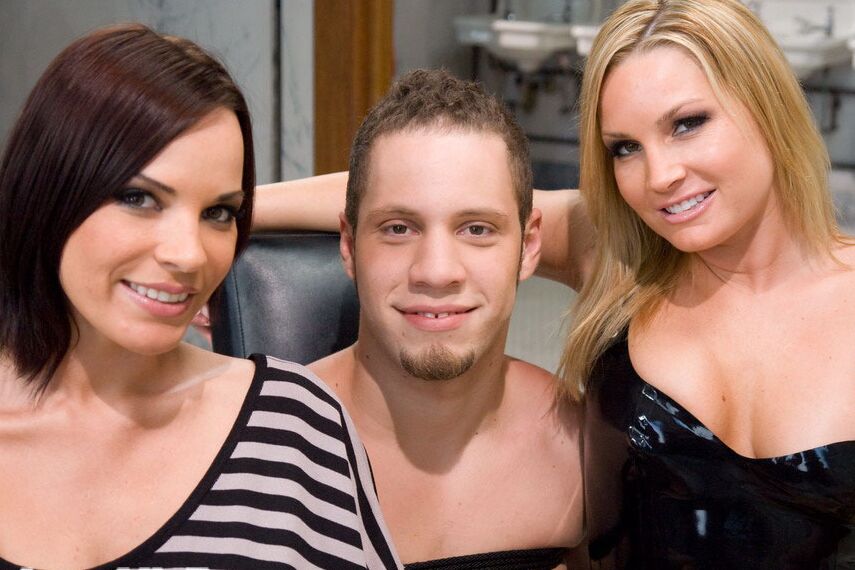 17P Busty Dana DeArmond & Flower Tucci torment bound male sub in femdom threesome