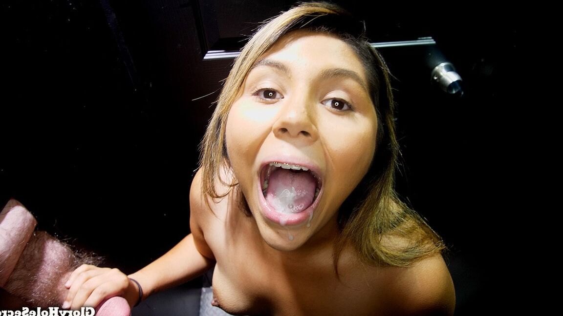 18P Young girl with braces swallows many mouthfuls of sperm at a gloryhole