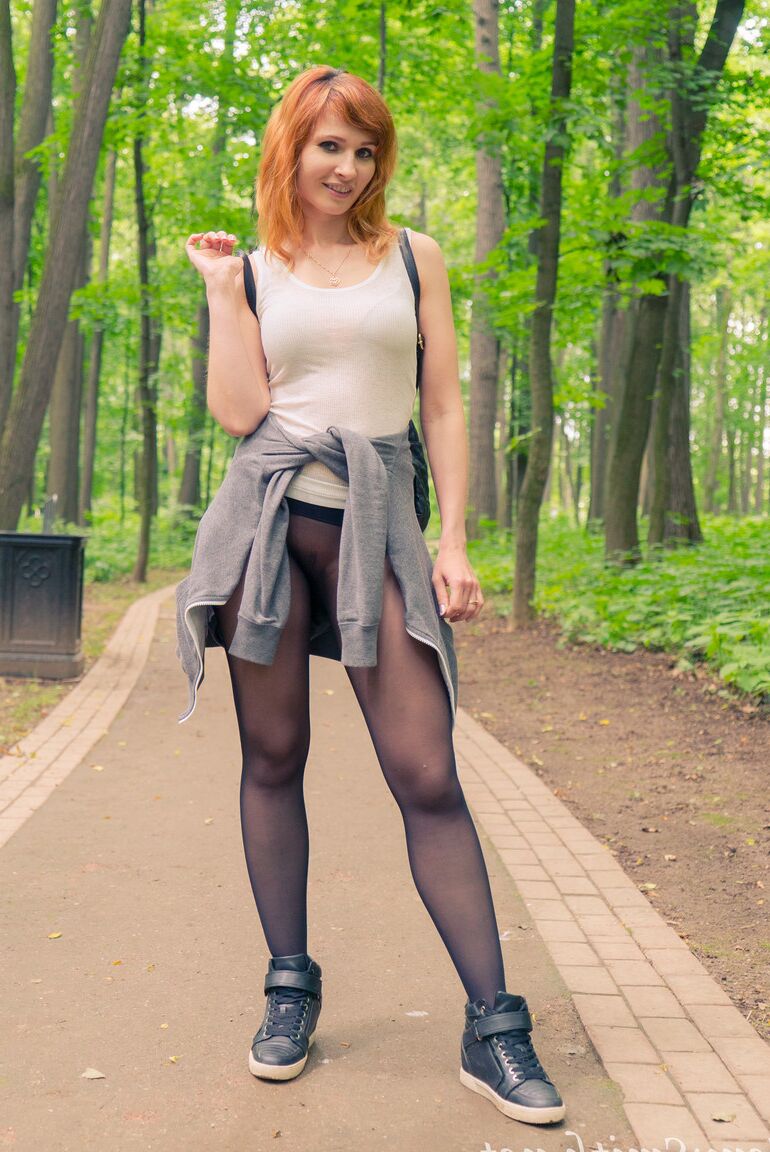 16P Amateur ginger Jeny Smith	posing in her sheer pantyhose in public