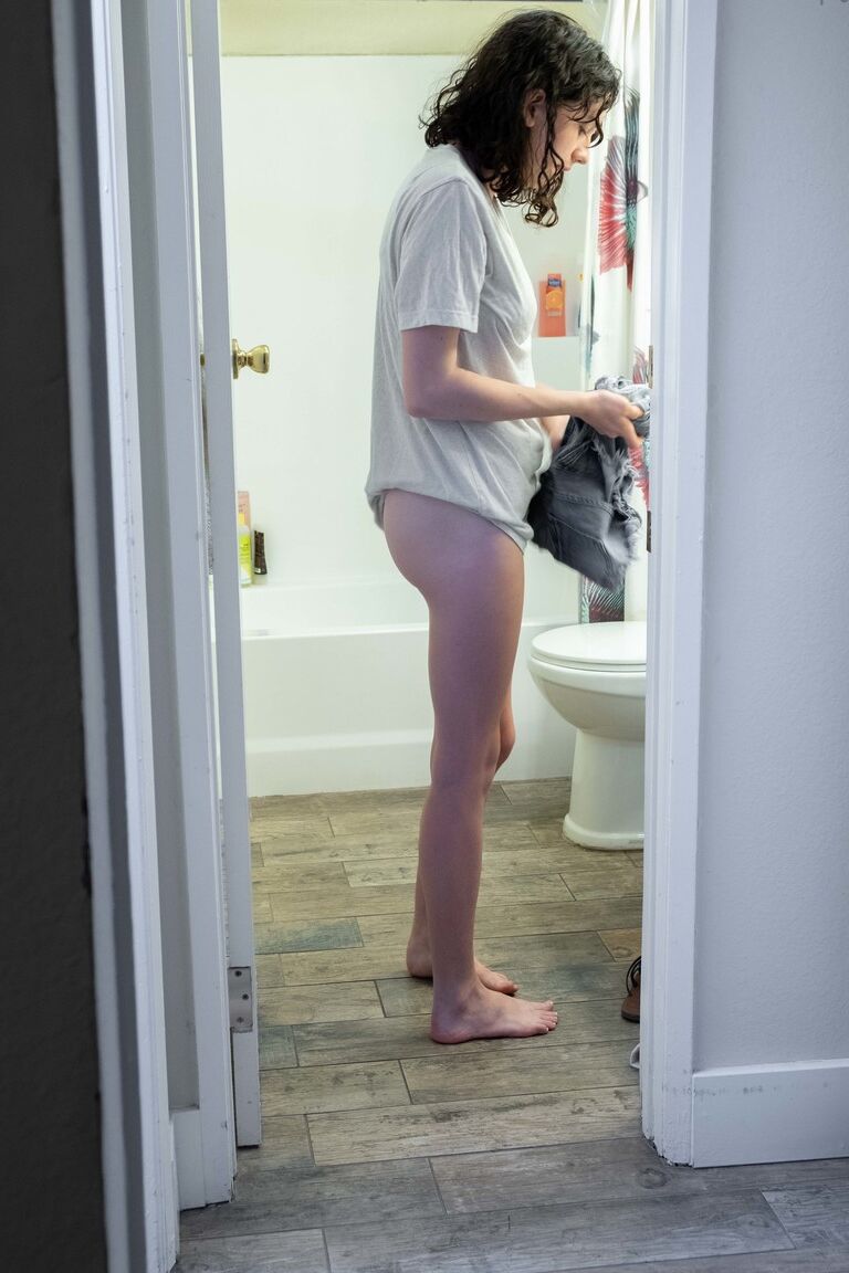 17P Naked brunette with natural bush Mary J caught getting dressed in the bathroom