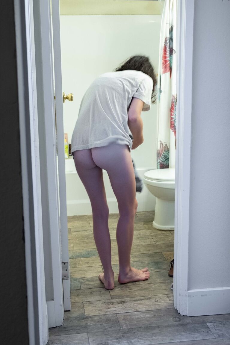 17P Naked brunette with natural bush Mary J caught getting dressed in the bathroom