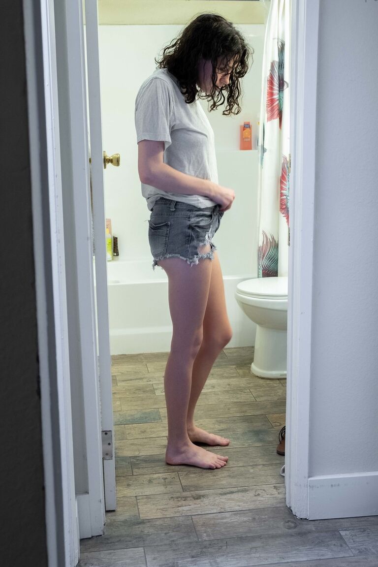 17P Naked brunette with natural bush Mary J caught getting dressed in the bathroom