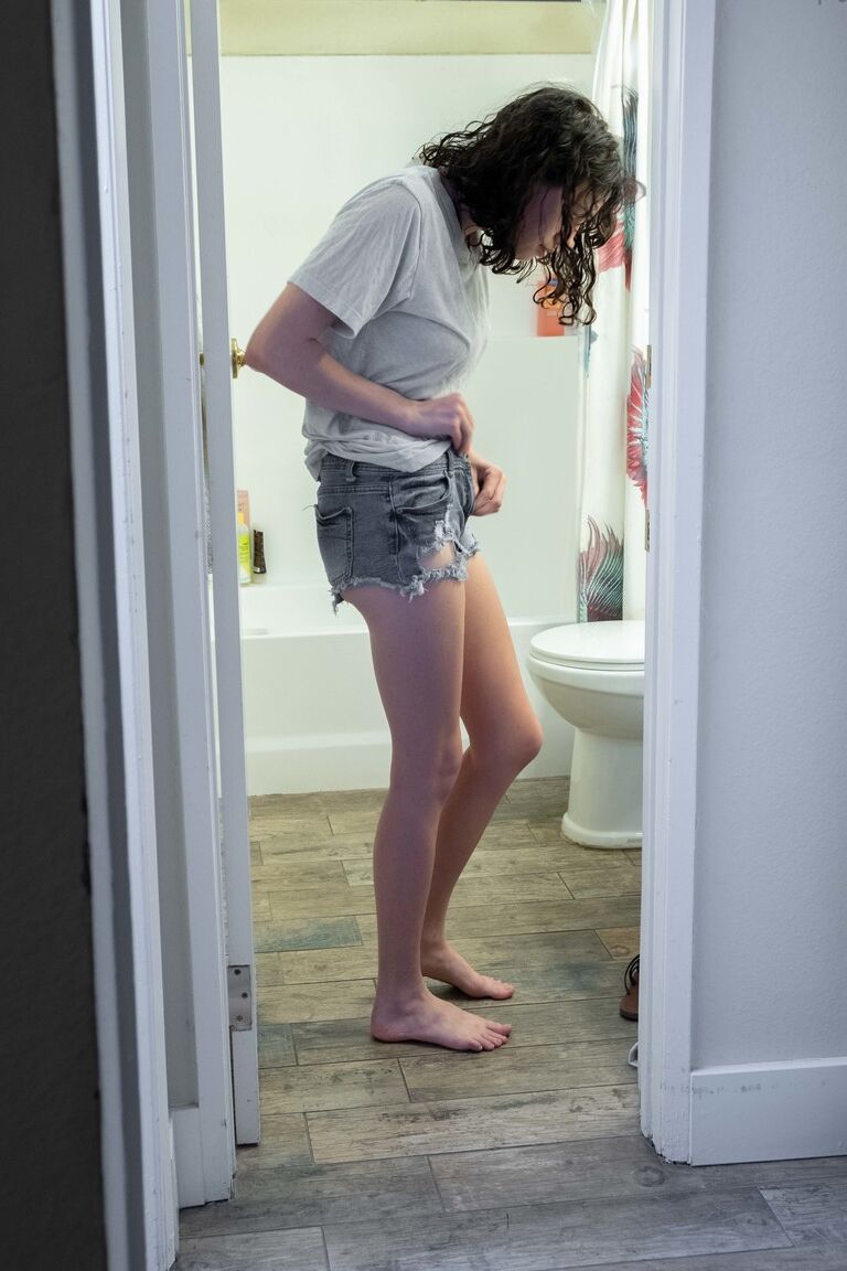 17P Naked brunette with natural bush Mary J caught getting dressed in the bathroom