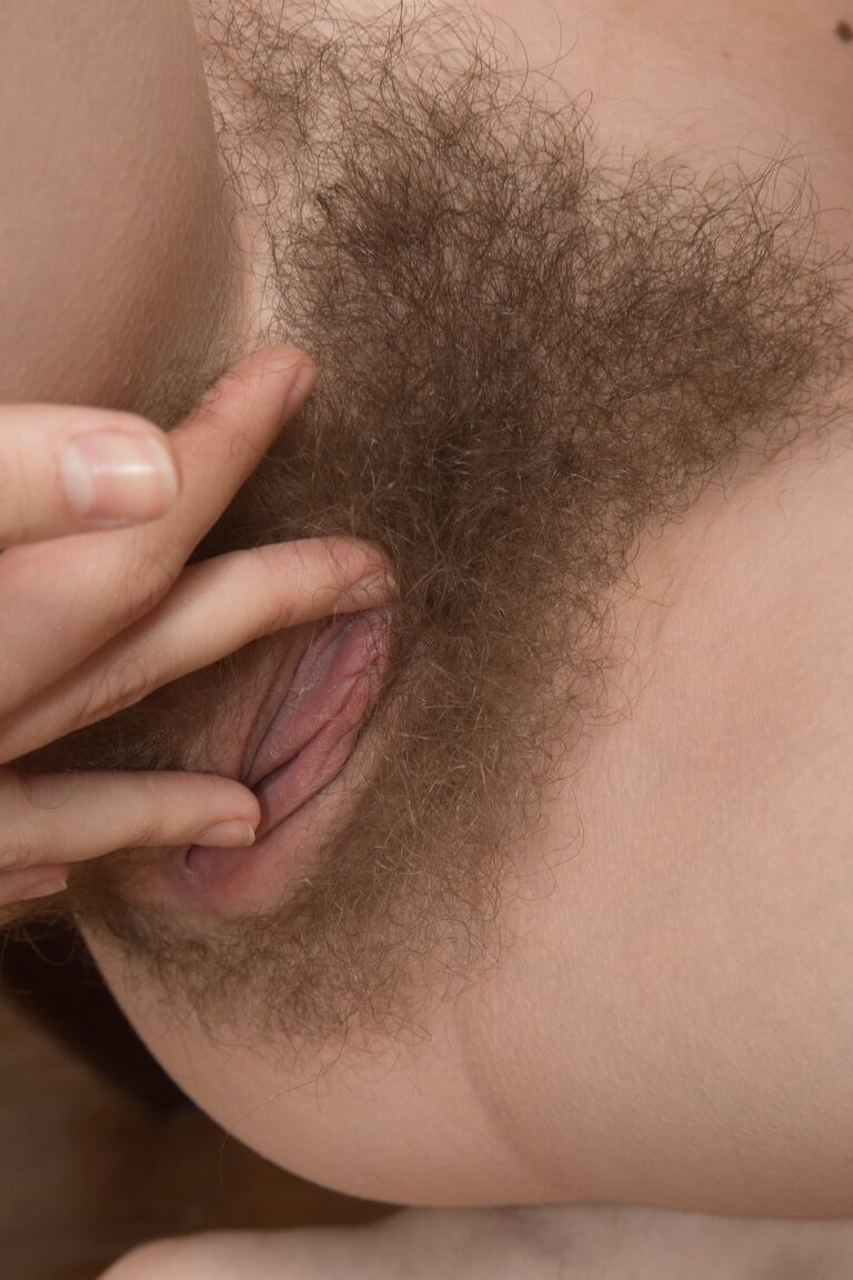 21P Brunette girl Aria shows her bushy beaver and rubs it in a solo