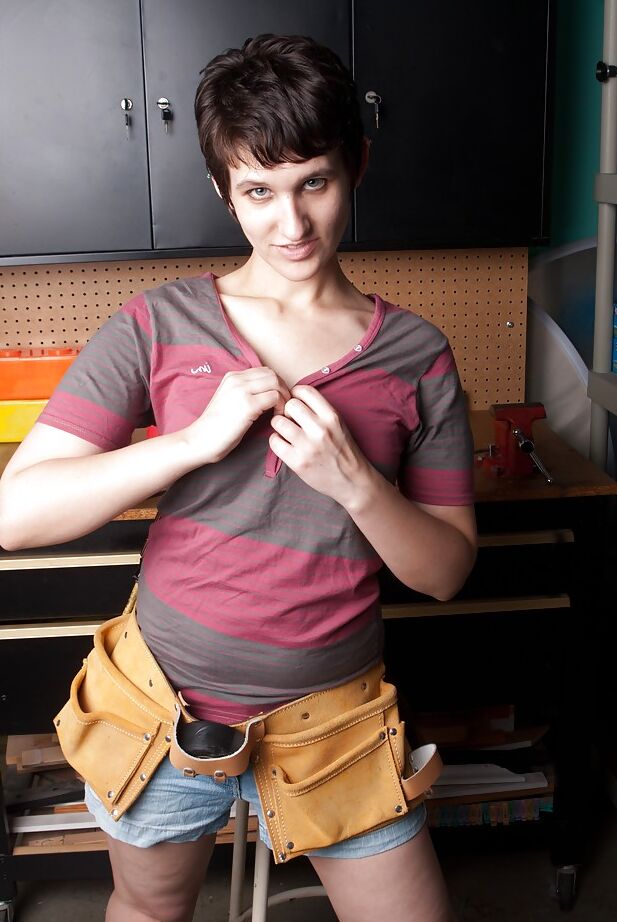 16P Short haired brunette babe taking off her clothes and fingering her twat