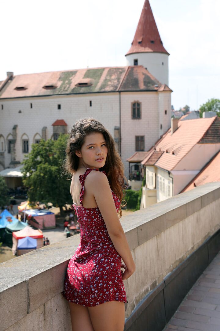 14P Tiny teen Irene Rouse flashes no panty up skirts while visiting Prague