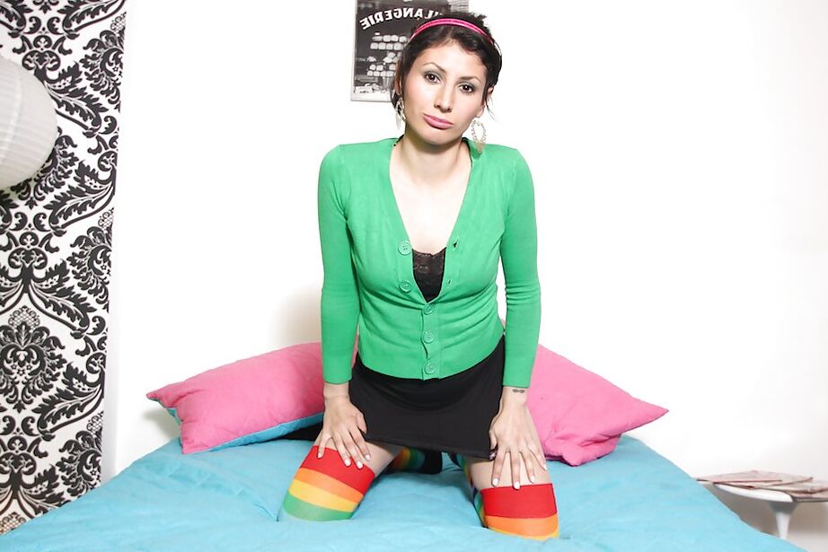 16P Latina gal Maria Robles taking off her panties and exposing her bald cooter