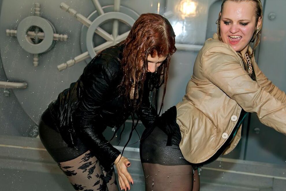 15P Dancing girls share a lesbian kiss while getting soaking wet in their clothes