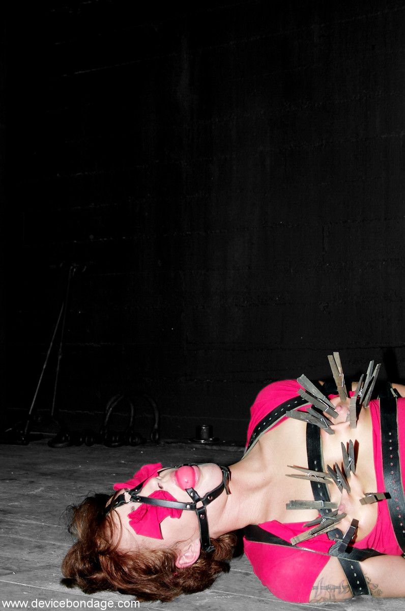 21P Horny brunette with a hairy pussy Sara Faye gets abused while tied up