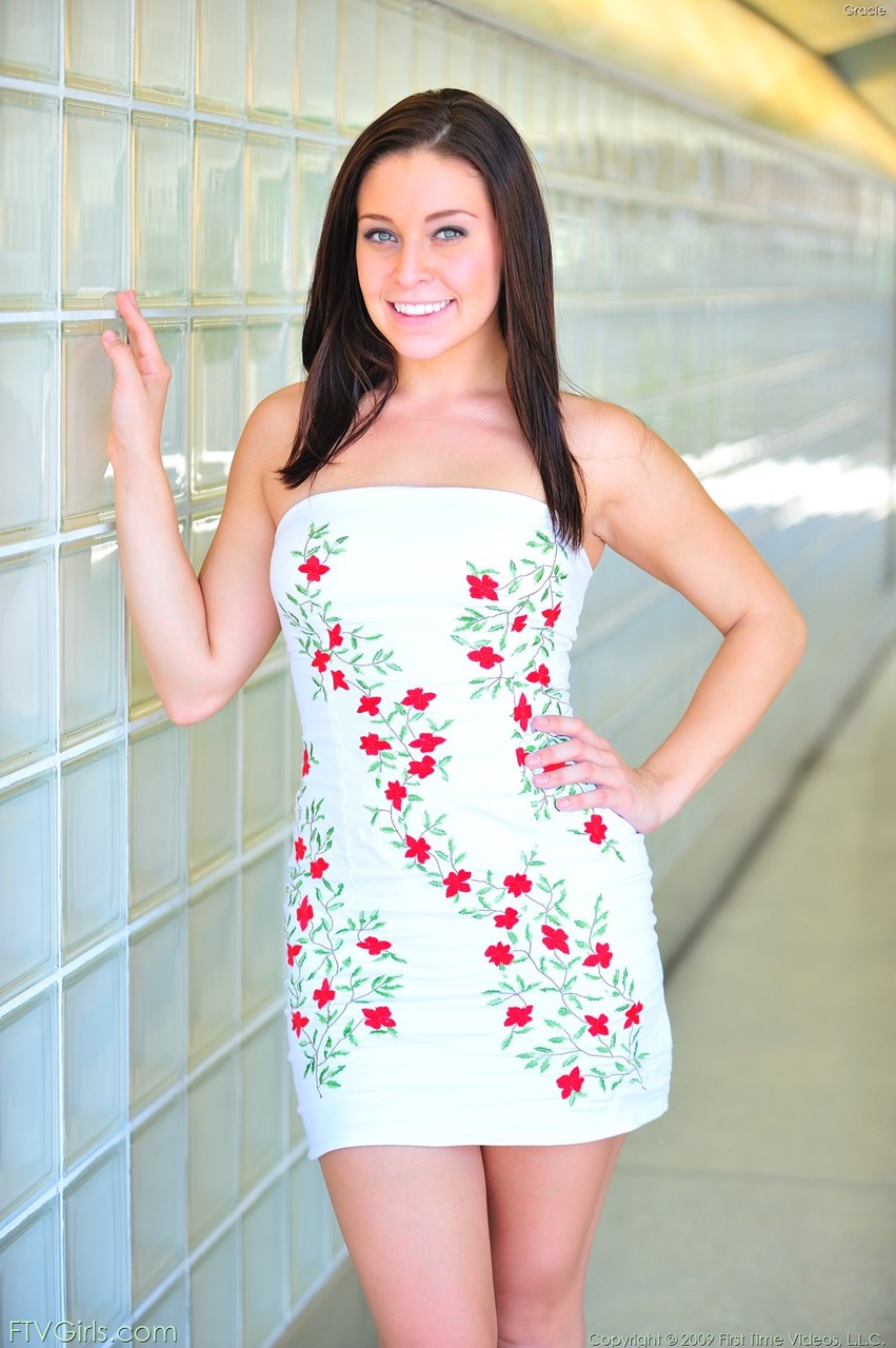 21P Pretty babe Gracie shows her shaved muff in short dresses in a hot compilation