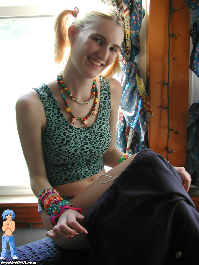 15P Young blonde Cricket gets naked on a sofa in pigtails and bangles
